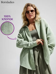 Office Long-Sleeve Cotton Tops Crepe | OWNLUXE