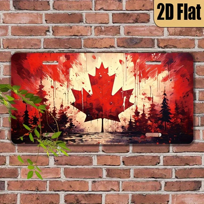 2D Flat - Vintage Canadian Maple Leaf Aluminum Wall Plaque - Patriotic Red & Leaf Design with Green Pine Trees