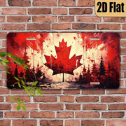 2D Flat - Vintage Canadian Maple Leaf Aluminum Wall Plaque - Patriotic Red & Leaf Design with Green Pine Trees