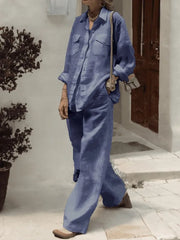 Women’s Wide-Leg Two-Piece Set with Turn-Down Collar Shirt