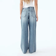 Wide Leg Jeans with Diagonal Buckle - Asymmetrical High Waist Denim