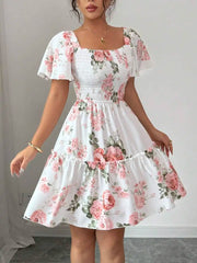 Floral Print Short-Sleeve Ruffle Dress | OWNLUXE