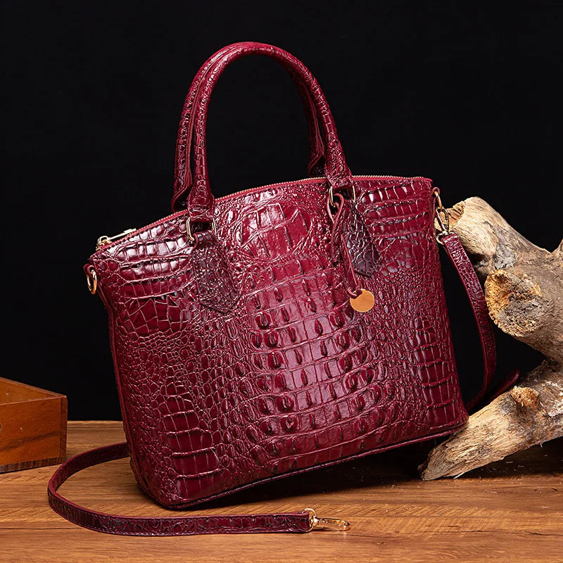 Crocodile Embossed Leather Handbag - Classic Shoulder Bag