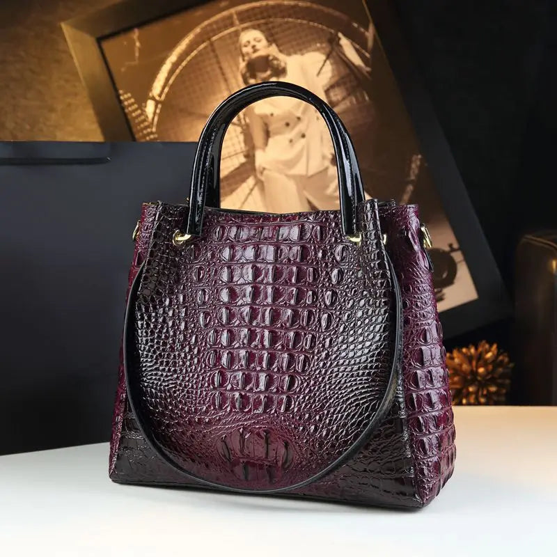 Genuine Leather Crocodile Print Tote - 2025 Trend Bucket Bag