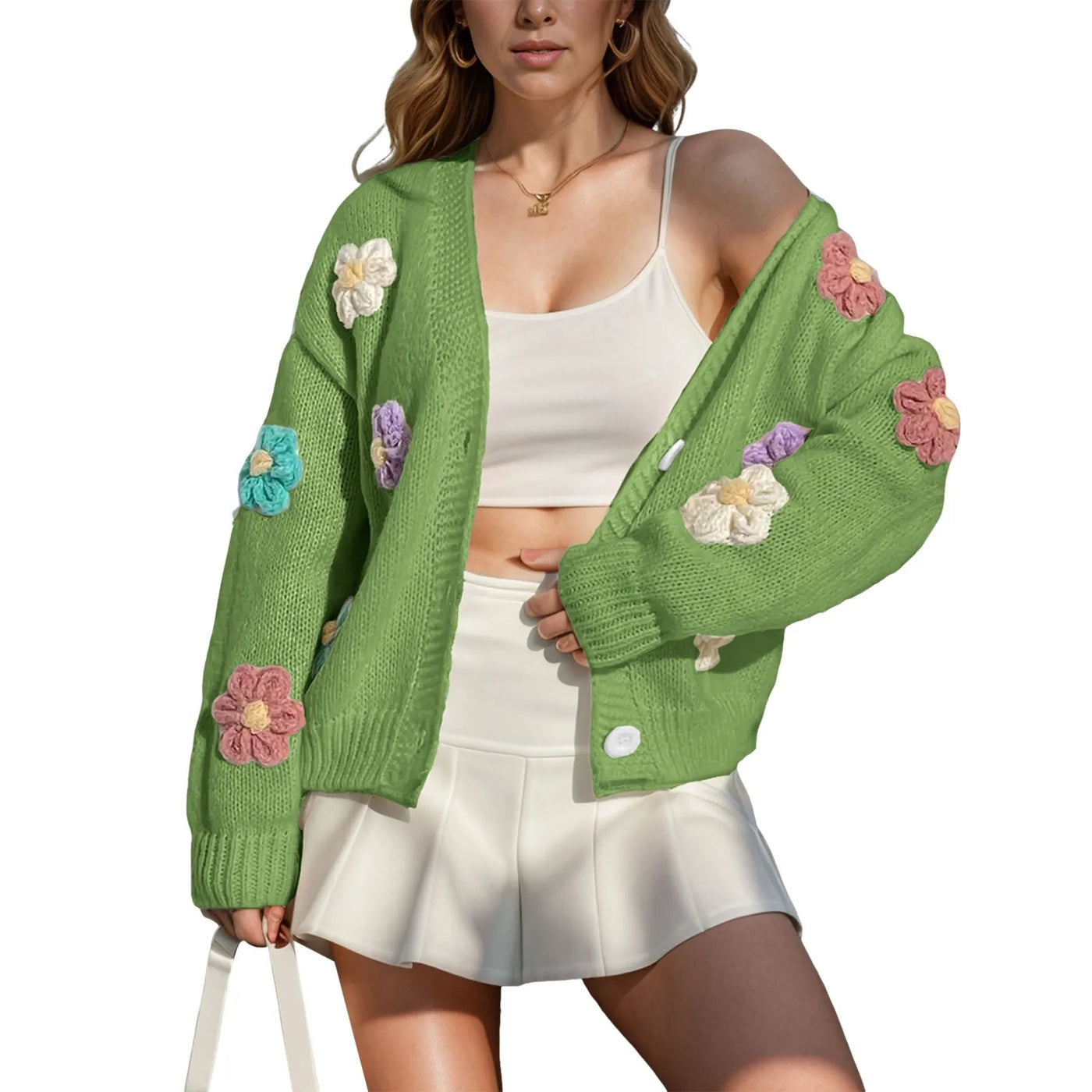 Floral Knit Cardigan - Cropped Button-Down Sweater for Fall & Winter