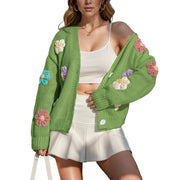 Floral Knit Cardigan - Cropped Button-Down Sweater for Fall & Winter