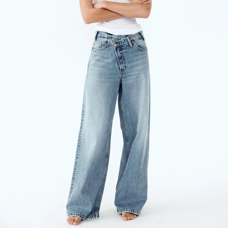 Wide Leg Jeans with Diagonal Buckle - Asymmetrical High Waist Denim