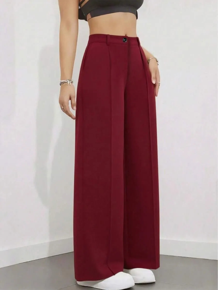 Women's High Waist Work Trousers - Casual Loose Fit Pants with Pockets
