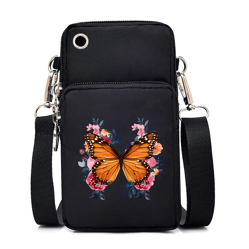 Mini Nylon Phone Crossbody Bag – Butterfly Print Neck Pouch with Zipper
