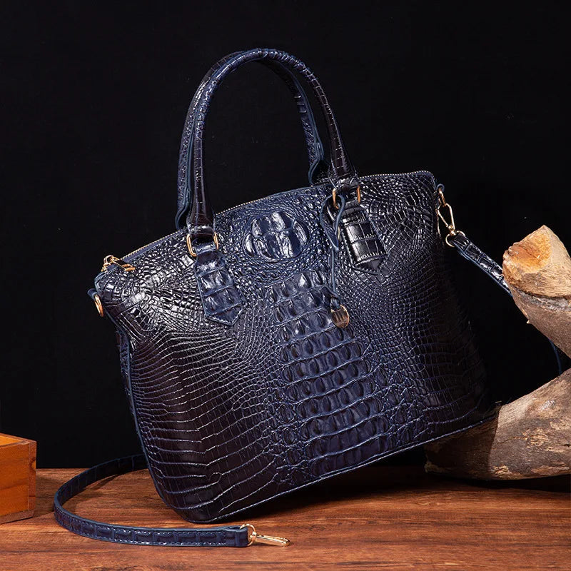 Crocodile Embossed Leather Handbag - Classic Shoulder Bag