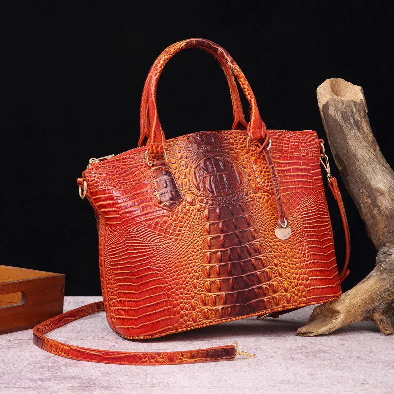 Crocodile Embossed Leather Handbag - Classic Shoulder Bag