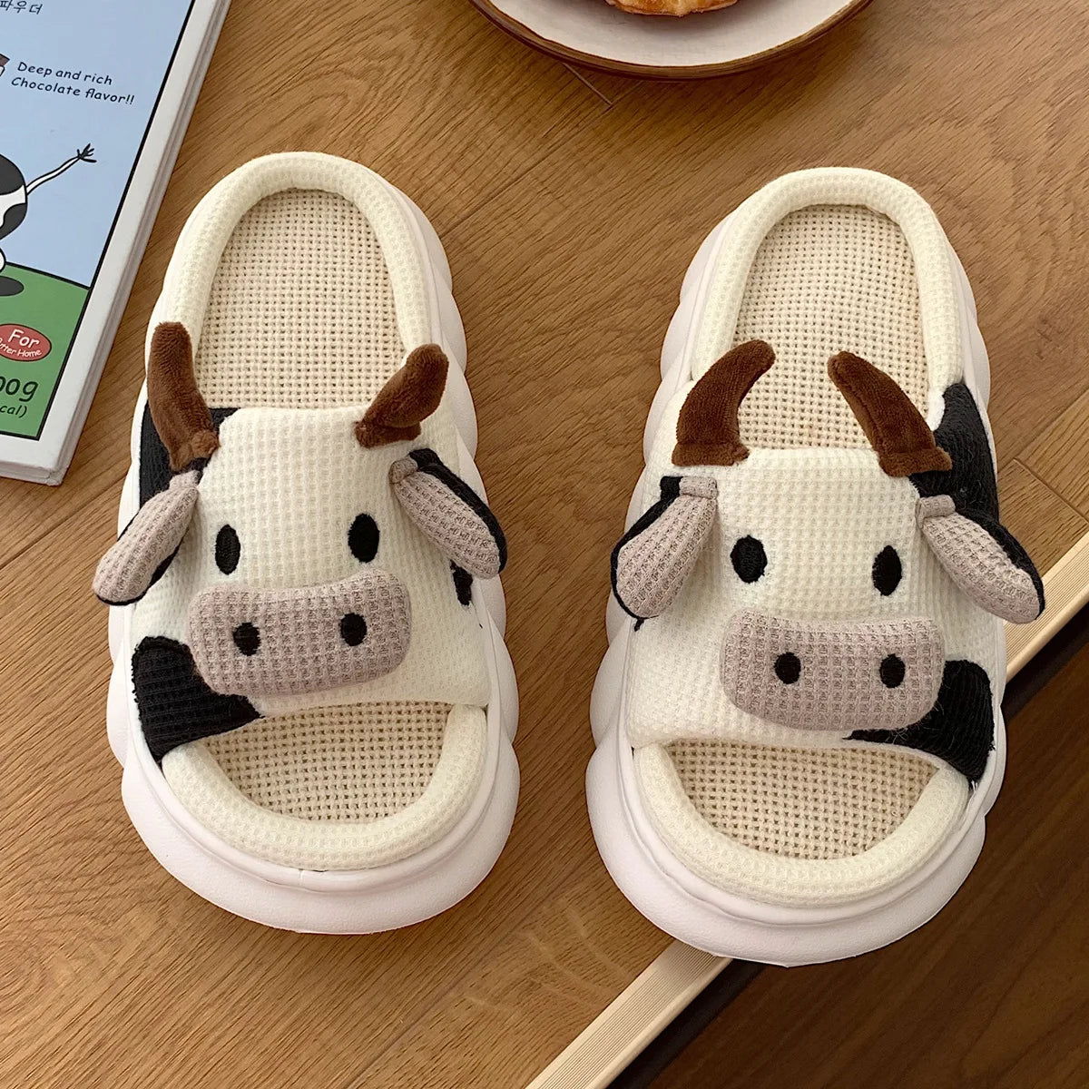Four Seasons Linen House Slippers with Cute Cartoon Design