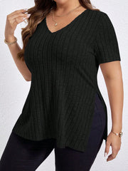 Plus Size V‑Neck Knit Blouse – Long Sleeve Soft Stretch