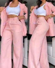 Blazer Pants Set - Notched Collar Coat & Wide-Leg Trousers for Women