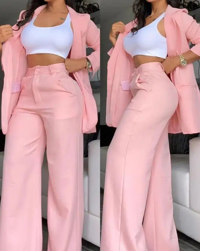 Blazer Pants Set - Notched Collar Coat & Wide-Leg Trousers for Women