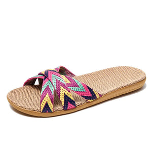 Eco-Friendly Hemp Slippers - Comfortable Flat Indoor Slides with Geometric Design