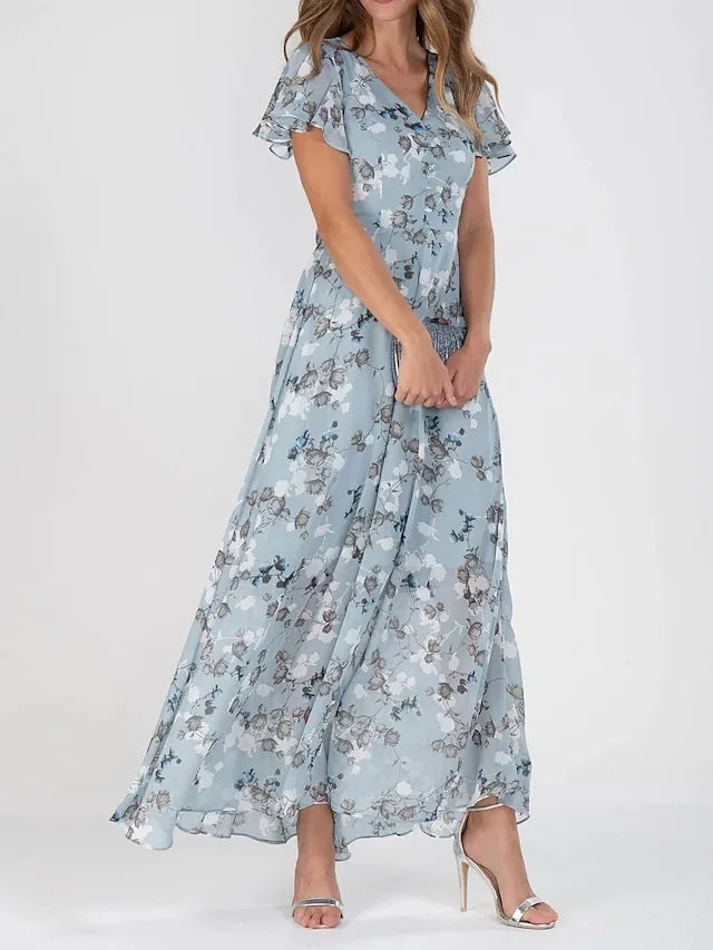 Beach Holiday Chiffon Midi Dress V-Neck Long Sleeve Casual Loose | OWNLUXE