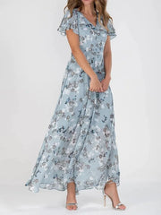 Beach Holiday Chiffon Midi Dress V-Neck Long Sleeve Casual Loose | OWNLUXE