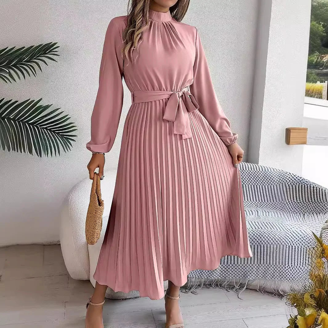 Slim-Fit A-Line Solid Dress with Stand Collar – Ankle-Length, Sashes Detail, Autumn/Winter