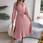 Load image into Gallery viewer, Slim-Fit A-Line Solid Dress with Stand Collar – Ankle-Length, Sashes Detail, Autumn/Winter
