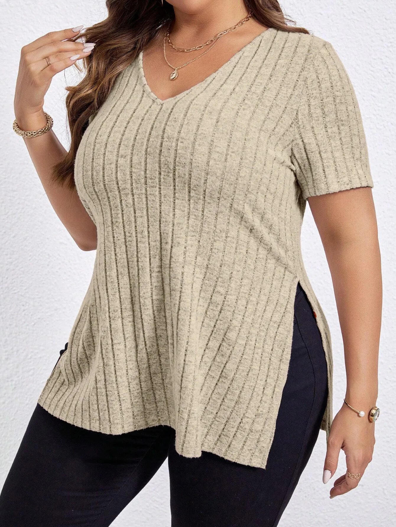 Plus Size V‑Neck Knit Blouse – Long Sleeve Soft Stretch