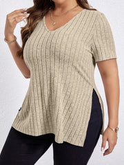 Plus Size V‑Neck Knit Blouse – Long Sleeve Soft Stretch