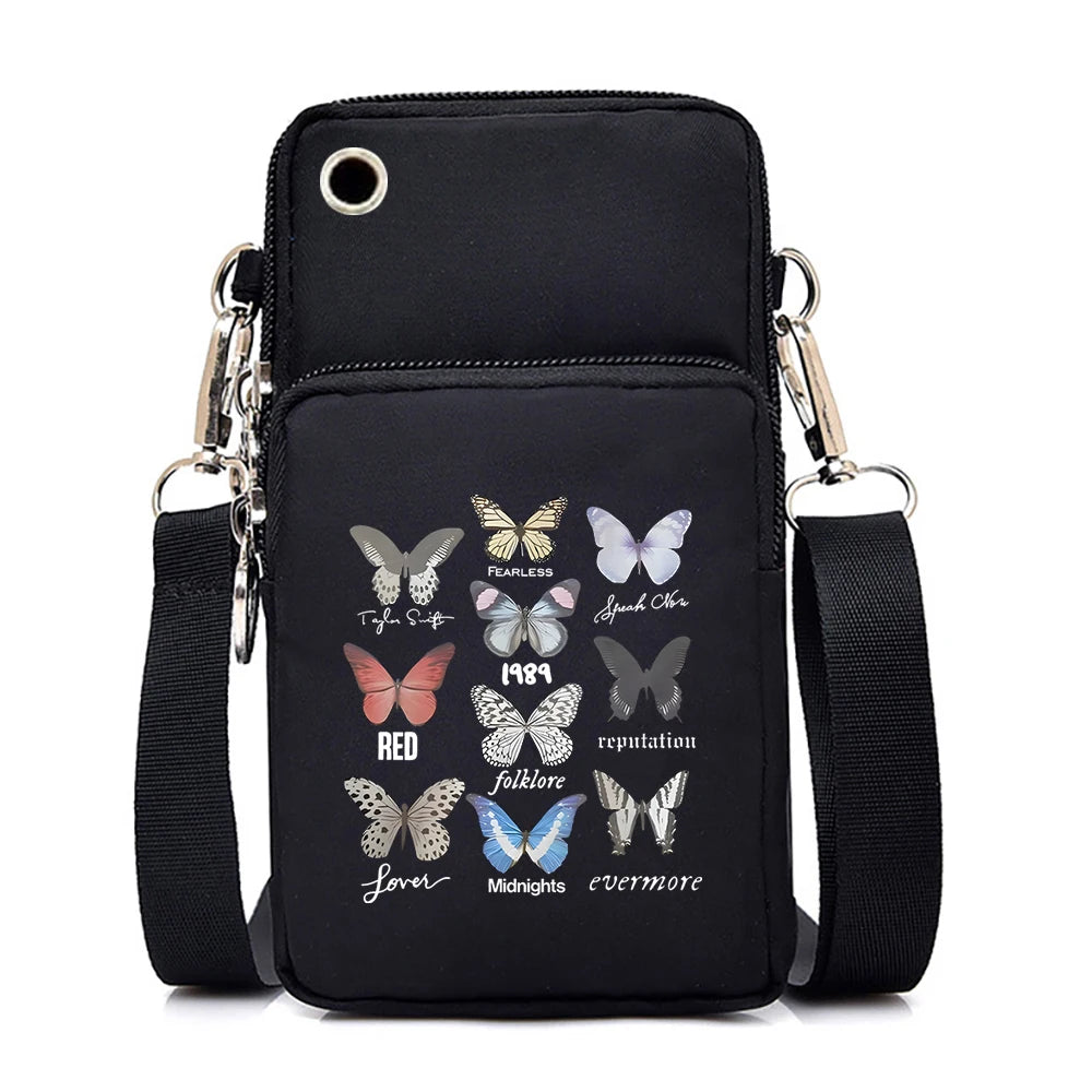 Mini Nylon Phone Crossbody Bag – Butterfly Print Neck Pouch with Zipper