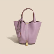 Genuine Cowhide Leather Bucket Bag - Fashion Lock Handbag with Phone Pocket | OWNLUXE