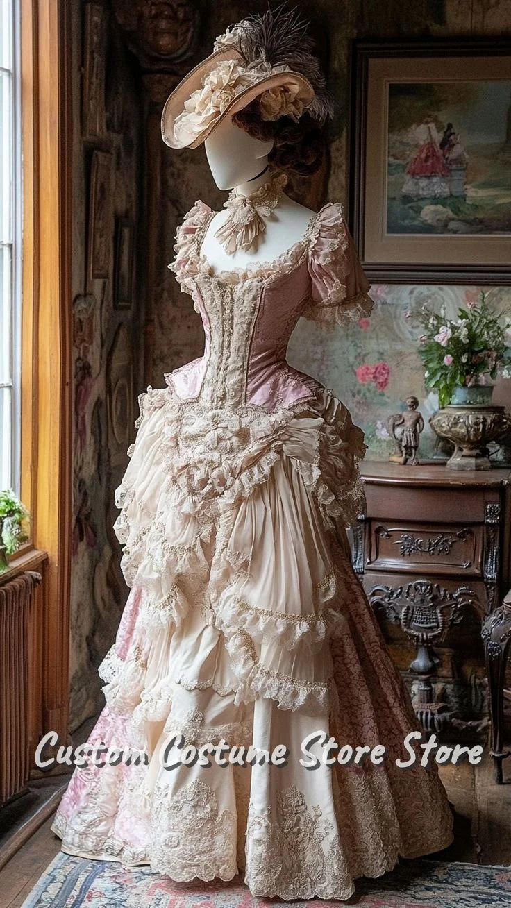 Pink Victorian Prom Dress – Beaded Lace A‑Line Evening Gown