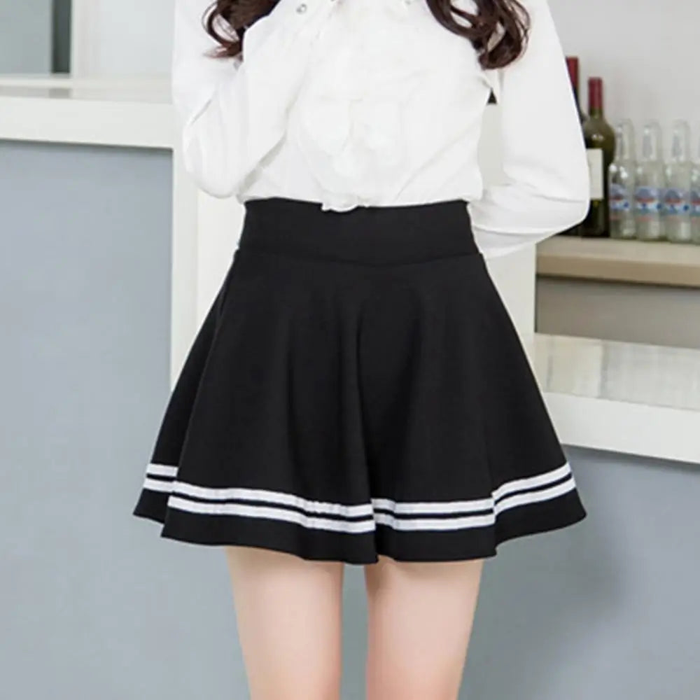 Trendy High Waist Stripe Pleated A-Line Mini Skirt – Slim Fit for Casual & School Wear