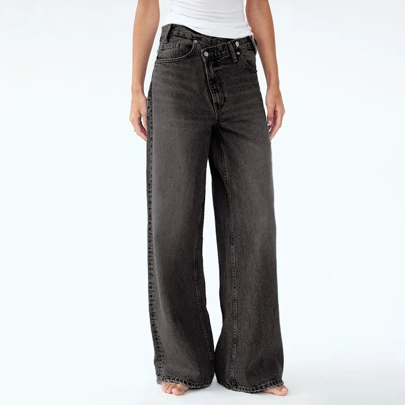 Wide Leg Jeans with Diagonal Buckle - Asymmetrical High Waist Denim