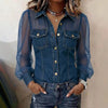 Denim Mesh Button-Down Pocket Blouse | OWNLUXE