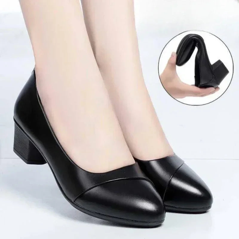 Square Heel Loafer Pumps with Pointed Toe, Slip-On