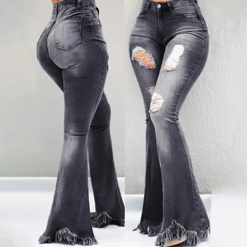 Women’s High-Waisted Ripped Flare Jeans with Tassel Hem