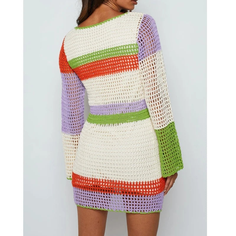 Striped Boho Mini Dress with Hollow Out Detail – V-Neck, Long Sleeve, Slim Fit