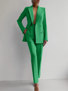 ✨ Women's Slim-Fit 2-Piece Casual Set – Double-Breasted Blazer & Pencil Pants | Ensemble 2 pièces ajusté pour femme – Blazer croisé et pantalon crayon