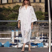 Elegant White Lace Maxi Dress — V-Neck A-Line Party Dress | OWNLUXE