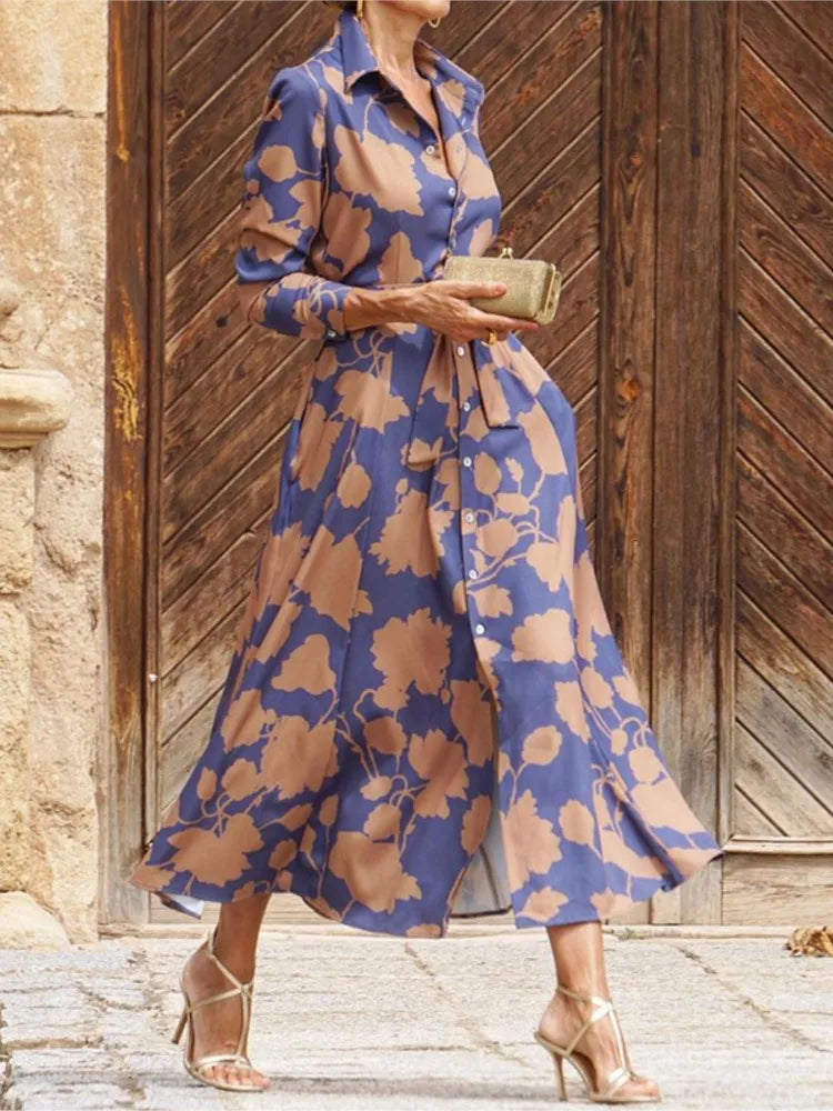 A-Line Long-Sleeve Printed Button-Down Dress | OWNLUXE