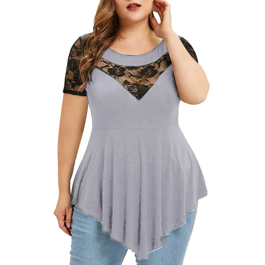 Lace Short-Sleeve Extended-Size Round-Neck T-Shirt | OWNLUXE