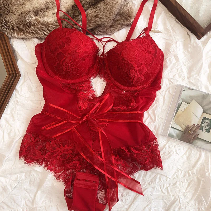 Sexy Hollow Women Bodysuit Lingerie Bandage Lace Push Up Bra Set French Jumpsuit Overalls Mesh Bodycon Adjustable Strap Bras