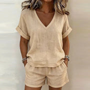 Women's Short Sleeve V-Neck Two Piece Shorts (Khaki) | OWNLUXE