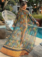 Women Swimsuit Cover Up Sleeve Kaftan Beach Tunic Dress Robe De Plage Solid White Cotton Pareo  High Collar Beachwear