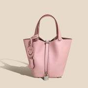 Genuine Cowhide Leather Bucket Bag - Fashion Lock Handbag with Phone Pocket | OWNLUXE
