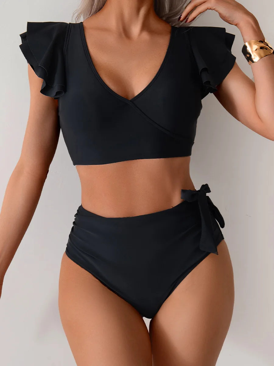 Patchwork Ruffle V-Neck High-Waist Bikini Set | OWNLUXE