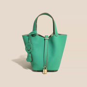 Genuine Cowhide Leather Bucket Bag - Fashion Lock Handbag with Phone Pocket | OWNLUXE