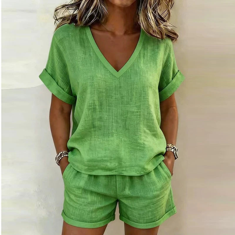 Women's Short Sleeve V-Neck Two Piece Shorts (Khaki) | OWNLUXE