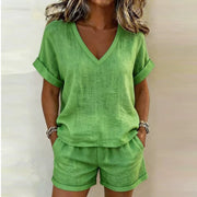 Women's Short Sleeve V-Neck Two Piece Shorts (Khaki) | OWNLUXE