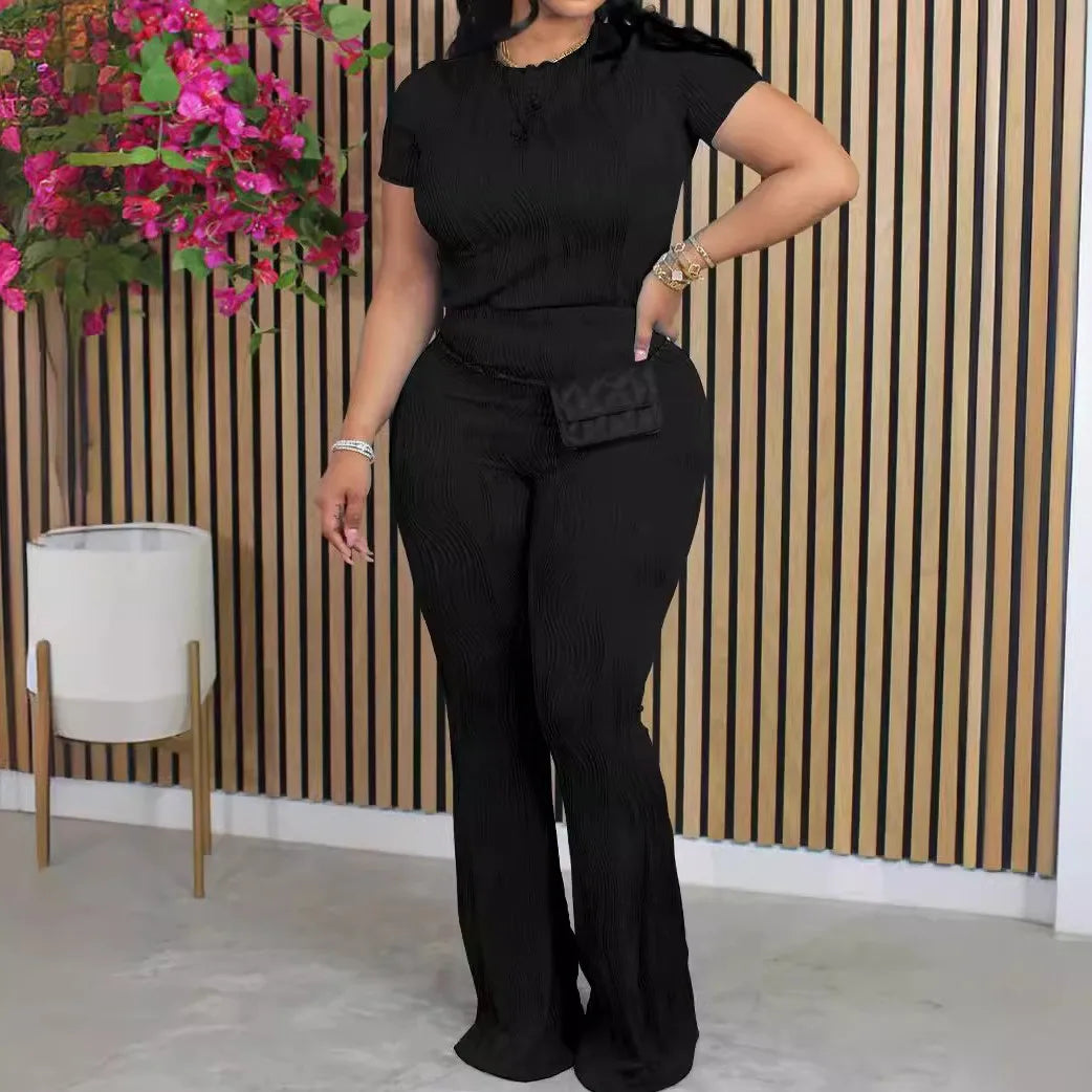 ✨ Women’s Summer 2-Piece Set – Short Sleeve Top &amp; High-Waisted Pants | Ensemble estival 2 pièces pour femme – Haut manches courtes et pantalon taille haute