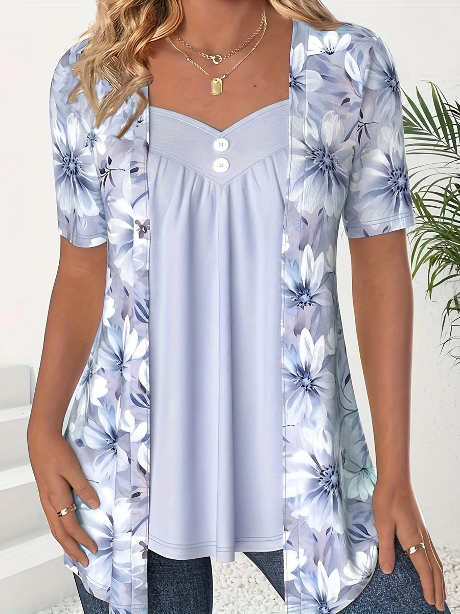 Short-Sleeve Floral Relaxed-Fit Patchwork Sweater | OWNLUXE
