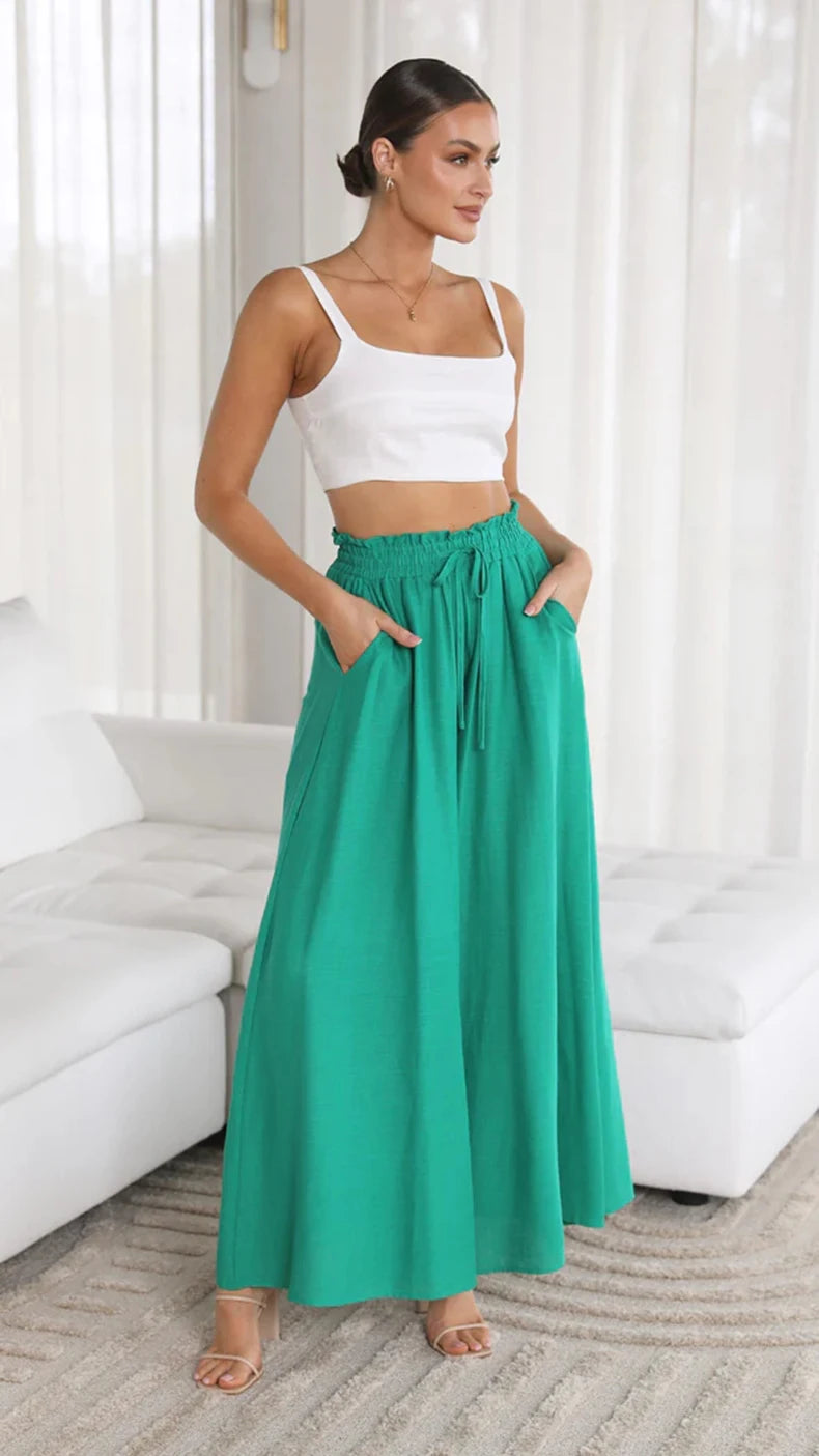 High Waist Wide Leg Pants - Elastic Waistband Summer Trousers